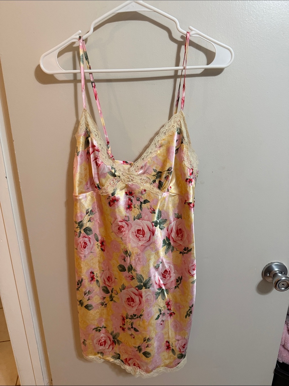 Vintage Floral Satin Slip Dress in Pink & Yellow